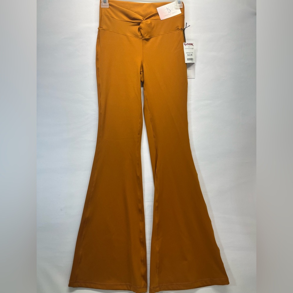 HAPPILY GREY FLARE LEG LEGGINGS‎ WOMEN S MUSTARD W/KNOT WAIST BOHO 70’s HIPPIE